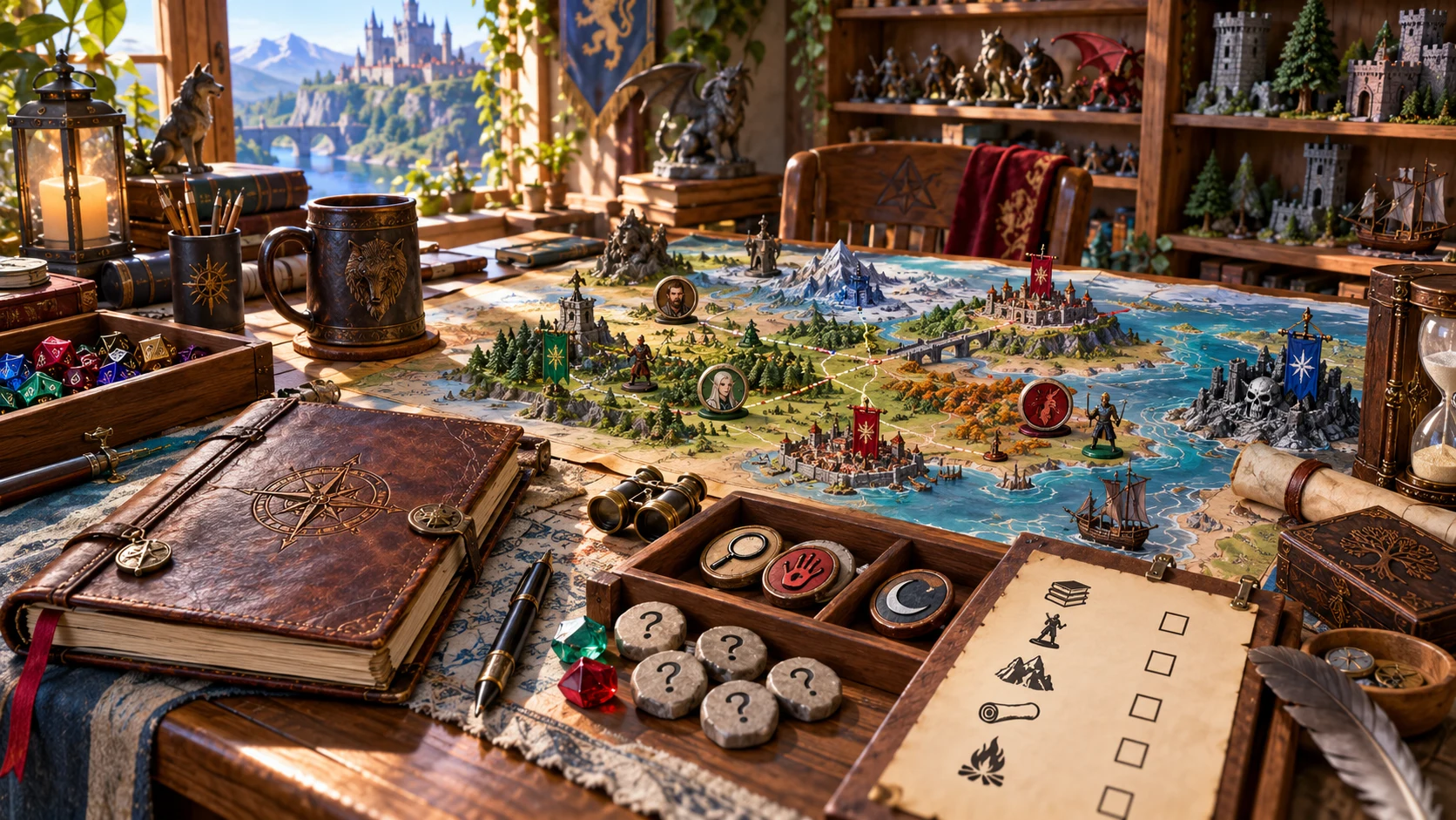 Fantasy illustration of a campaign map, notebooks, miniatures and dice on a game table