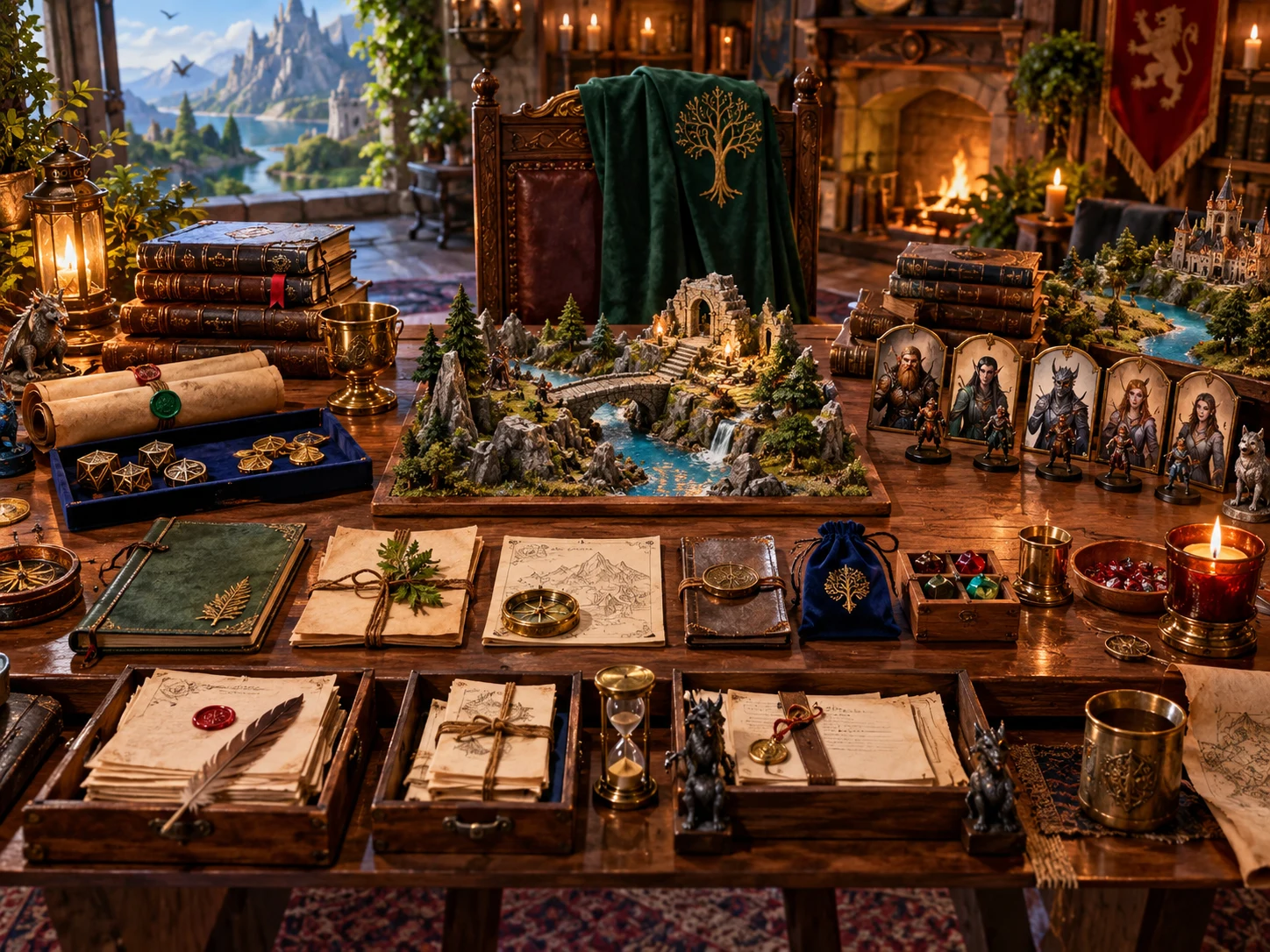Fantasy illustration of miniatures, notes and terrain prepared for the next game session