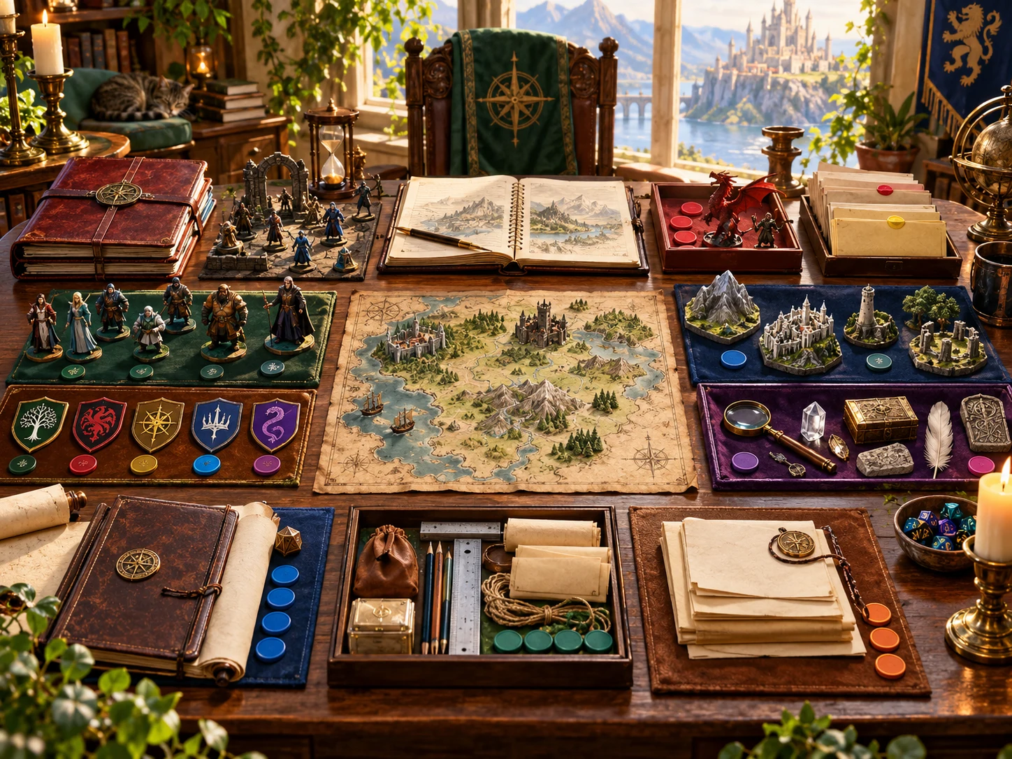 Fantasy illustration of organised campaign notes, figures, maps and reference trays